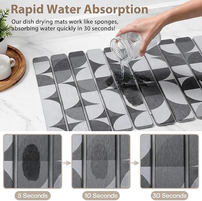 Large Stone Dish Drying Mat for Kitchen Counter, Quick Dry Diatomaceous Earth Dish Drying Pad, Foldable Water Absorbing Organizer Pad for Plates Bottles Utensils (Dark Gray Geometric 24"×16" & 8"×4")