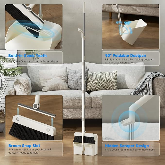 Magic Broom and Dustpan Set with Silicone Broom Squeegee, 55'' Broom with Dustpan Combo Set Self-Cleaning Teeth Design Upright Standing Dustpan for Indoor Floor Home Kitchen