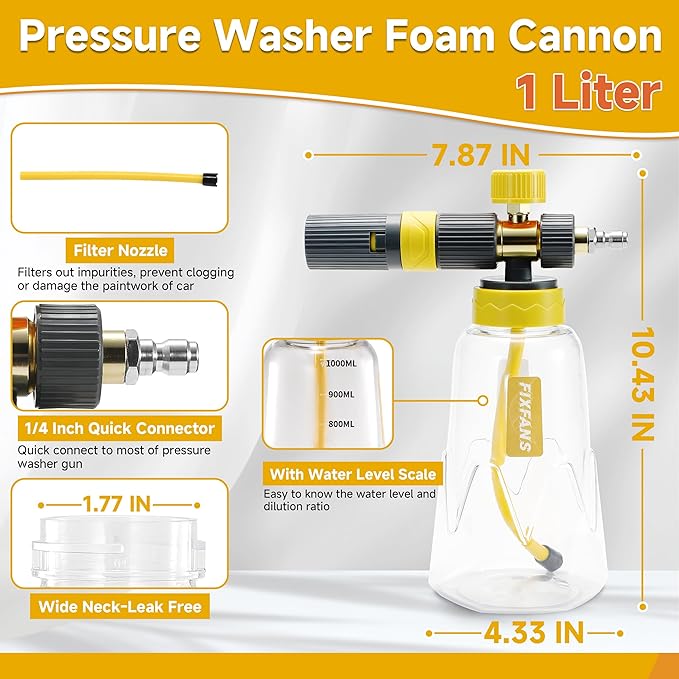 FIXFANS Foam Cannon Gun Dual Connector Accessory for Pressure Washer | Double Tip Attachment Soap Cannon with Power Washer Short Gun, Car Wash Foam Gun Kit, 1/4" Quick Connect, 5 Nozzle Tips