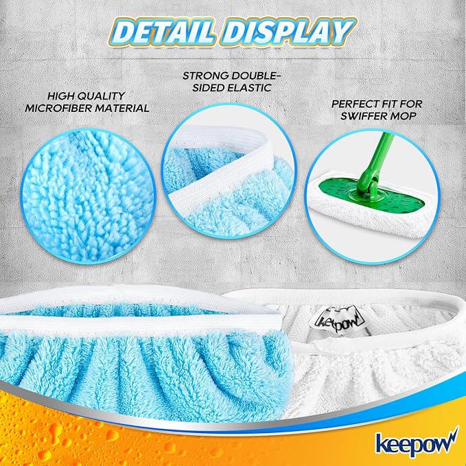 KEEPOW 10 Pack Reusable Mop Pads Compatible with Swiffer Sweeper | Coral Fleece, Assorted Colors (Green/Purple/White/Blue/Grey) Dry Wet Mopping Refills