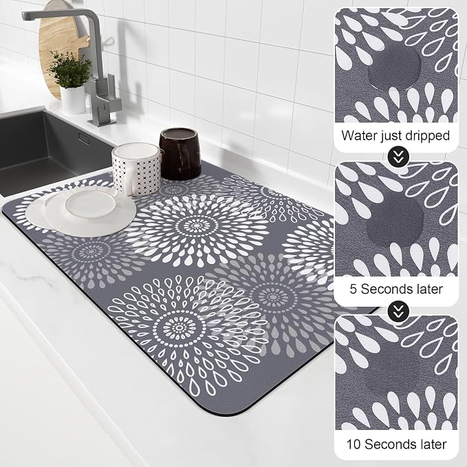 LuxStep Dish Drying Mat Super Absorbent Kitchen Counter Mat Rubber Backing Draining Mat Easy to Clean Kitchen Accessories Dish Rack Pad for Dishes, Utensils, Countertops, Sinks 16" x 24" Grey