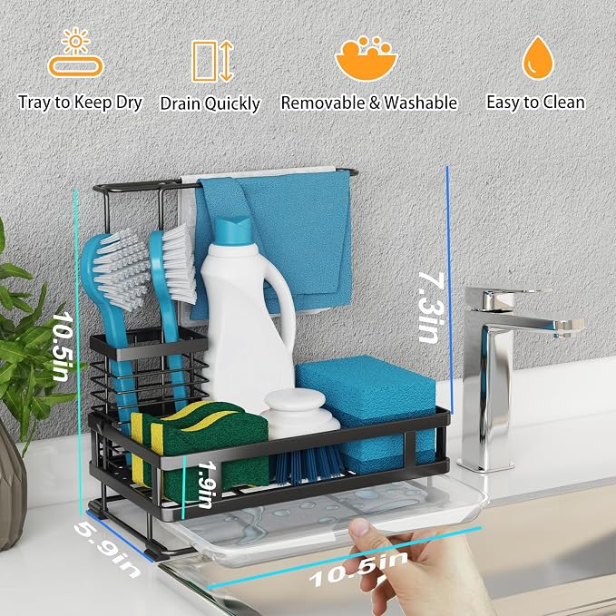 Godboat Kitchen Sink Organizer with Brush Rack - Sink Caddy with Drain-Pan | Stainless Steel Sponge Holder for Kitchen Sink with Towel Rack, Organizer for Dish Soap Dispenser, 10.5"L × 5.9"W × 10.5"H
