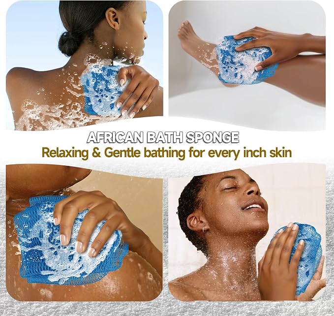 SubSahara Authentic African Net Sponge - 2 Pack Exfoliating Bath & Shower Loofah Sponge for Body & Face, Gentle Scrubber for All Skin Types, Travel, Durable (Linen & Sky Blue)