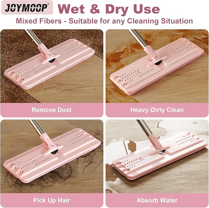 JOYMOOP Microfiber Replacement Pads for 13-Inch Flat Mop System, Reusable Refills, Pack of 2, Grey and Pink