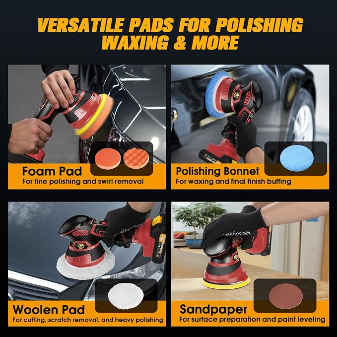 Cordless Car Buffer Polisher kit, DA Polisher with 2*21V Batteries | 2x 21V 2000mAh Batteries, 6-speed, LED Display, Random Orbital, 18 pcs Assorted Polishing Pads for Car Detailing-Red