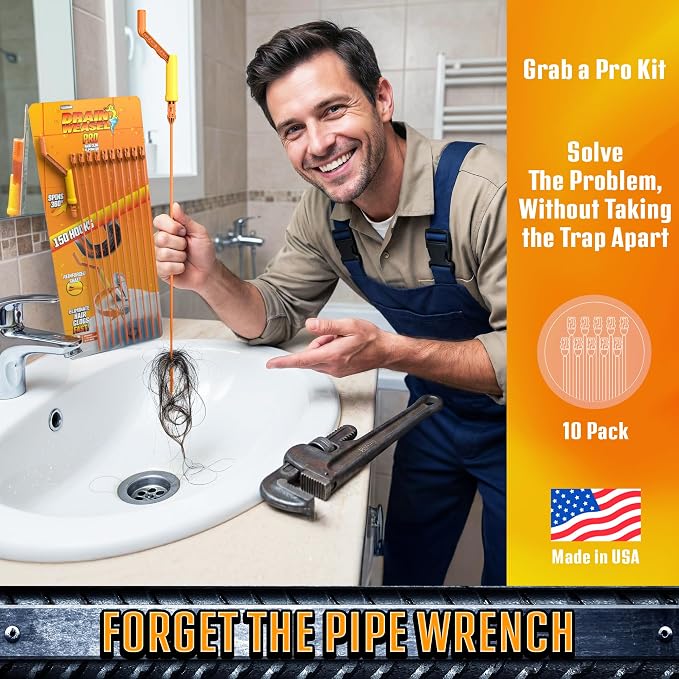 FlexiSnake Pro Drain Weasel Sink Snake Hair Clog Remover Tool, 10 Wands | Sink, Pipe, Bathroom, Bathtub Drain Cleaner, 18-inch Long, Flexible, Removable Handle, Made in The USA