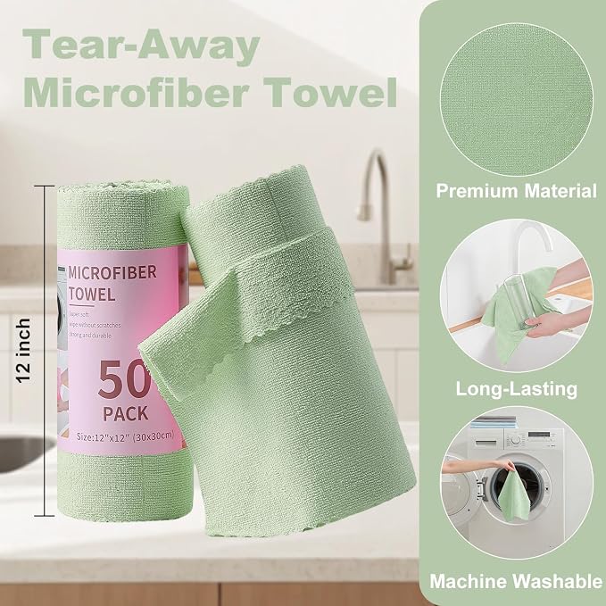 Jessy Home 2 Roll Reusable Paper Towels,100 Sheets Tear Away Microfiber Cleaning Cloth, Lint Free Clean Rags for Kitchen, Dishcloth,Household Cleaning Supplies
