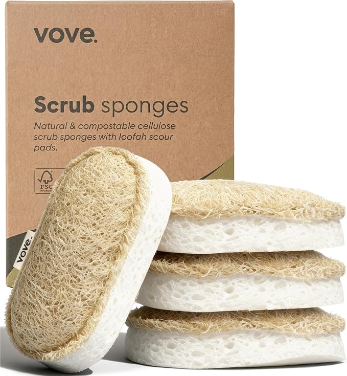 Vove Scrub Sponges, 8 Pack - Loofah & Cellulose Sponges with Cotton, Natural Eco Friendly Kitchen & Dish Sponges, Scouring Scrubbers for Household Cleaning, FSC-Certified Packaging