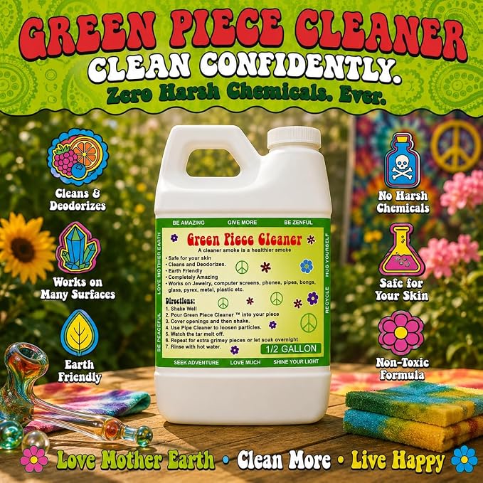 Green Piece® Cleaner – Made in USA - Great on Glass - Cleans tar and resin – 64 Oz (Half Gallon)