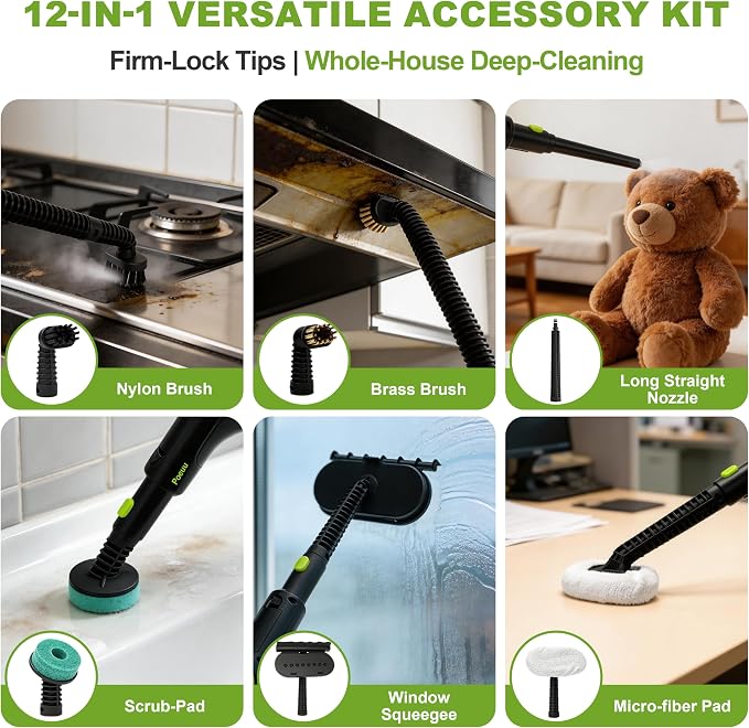 Handheld Steam Cleaner for Home,Steamer for Cleaning Bathroom Kitchen Car | 10S Fast Heat-Up,3.5Bar High-Pressure Steam,Refill Without Cooling,3 Ft Flexible Hose,Secure Lock Design，12 Accessories