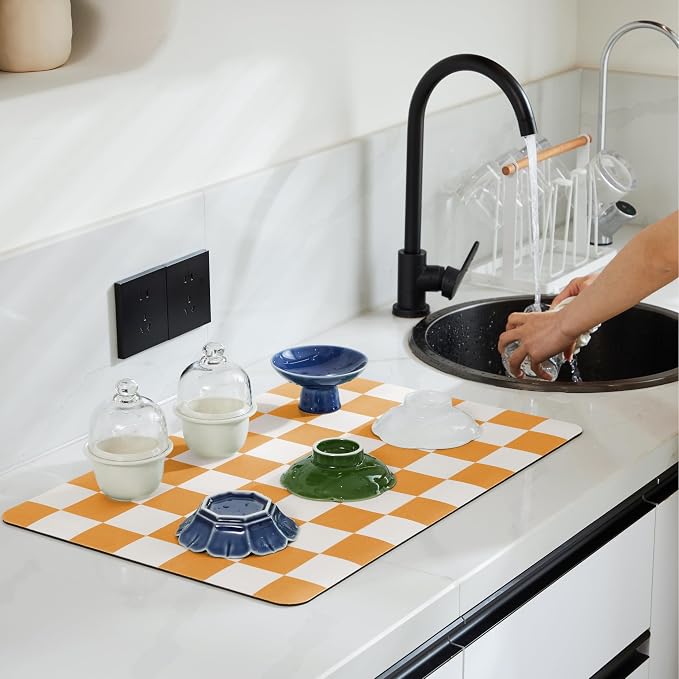 Ohocut Checkered Dish Drying Mat for Kitchen Counter, Coffee Bar Station Accessories, Retro Cute Fall Aesthetic Modern Absorbent Drainer Mat Kitchen Drying Mat Easy Clean, Orange 12" x 19"