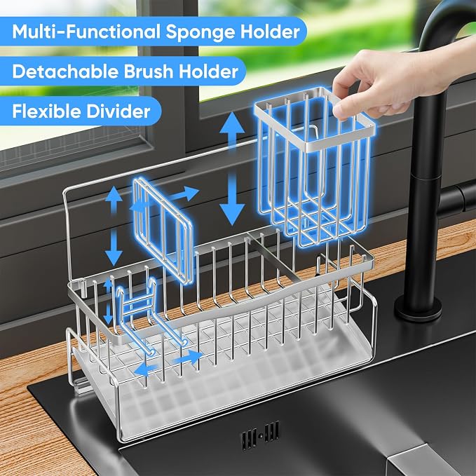 Sponge Holder for Kitchen Sink 304 Stainless Steel Self-Draining Sink Caddy with Smiley Face Sponge and Brush Holder Towel Bar and Divider Kitchen Gadgets Organizer for Countertop, Silver