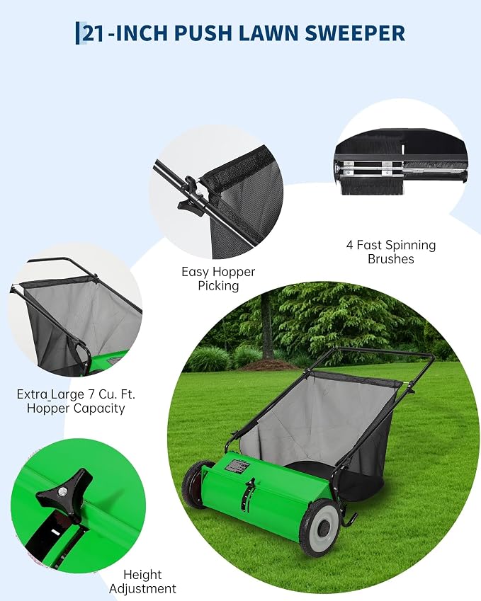 21-Inch Push Lawn Sweeper, 3.5 Cu. Ft. Hopper Capacity Leaf & Grass Collector with 4 Spinning Brushes, Adjustable Height, for Grass Clippings, Leaves & Debris, Green