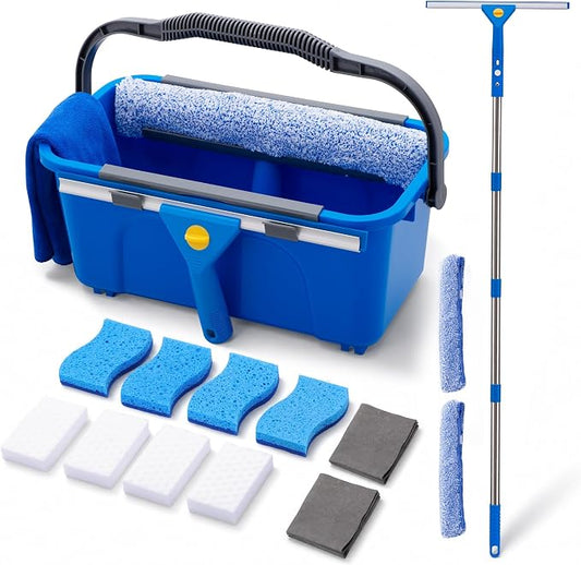 Professional Window Cleaning Kit with Bucket and Extension Pole, 7-in-1 Window Washing Kit with Squeegee, Washer, 8 Cleaning Sponges & 2 Glass Cloths, Exterior Window Cleaning Kit for High Windows
