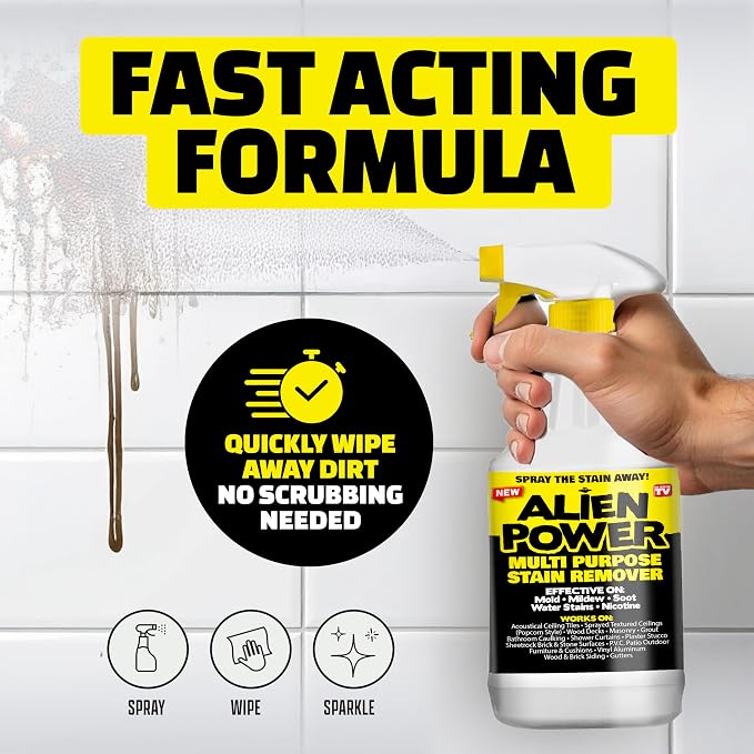 Alien Power 72 OZ Instant Stain Remover Spray for Black Mold and Mildew | All Purpose No-Scrub Cleaner for Bathroom & Household Surfaces, Tiles, Wall & Washing Machines - 3 Packets (Makes 72 Fl Oz)