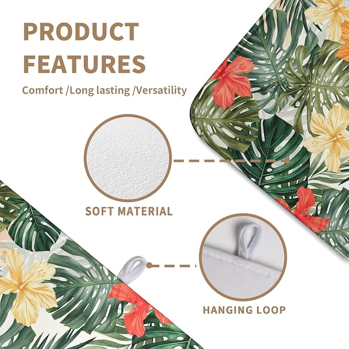 Tropical Palm Leaves Dish Drying Mat for Kitchen Counter Watercolor Flowers Leaf Drying Mat Dish Pads Reversible Absorbent Microfiber Dish Drainer Rack Mat for Countertop 18x24 Inch