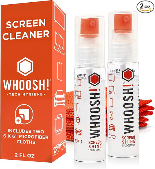 WHOOSH! Screen Shine Go 2-Pack – Two 1 fl oz Refillable Touchscreen Cleaners with Microfiber Cloths for Car, iPad, Laptop and Eyeglasses – Powerful Streak-Free Cleaning – Pocket-Sized, TSA-Approved