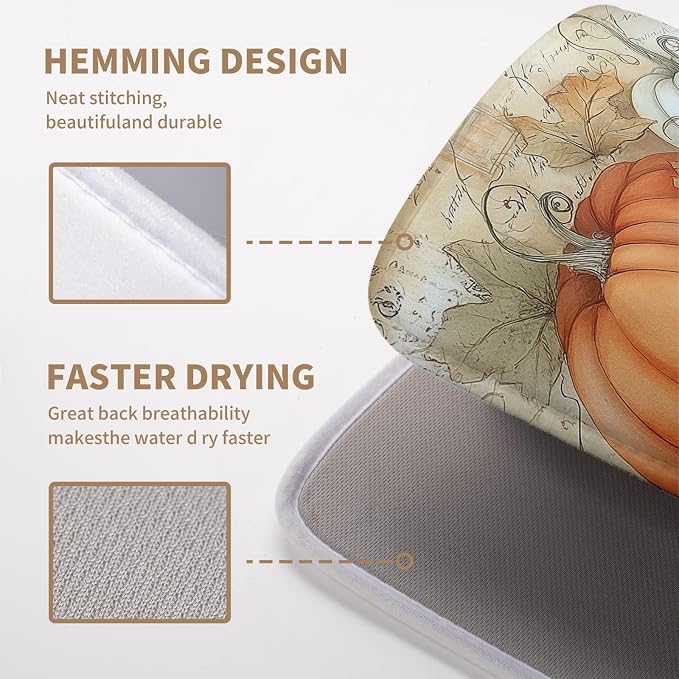 Fall Dish Drying Mats for Kitchen Counter Autumn Pumpkin Maple Leaf Vintage Drying Mats Thanksgiving Holiday Dishes Drainer Pad Microfiber Absorbent Reversible Dish Draining Mat 16x18 Inch