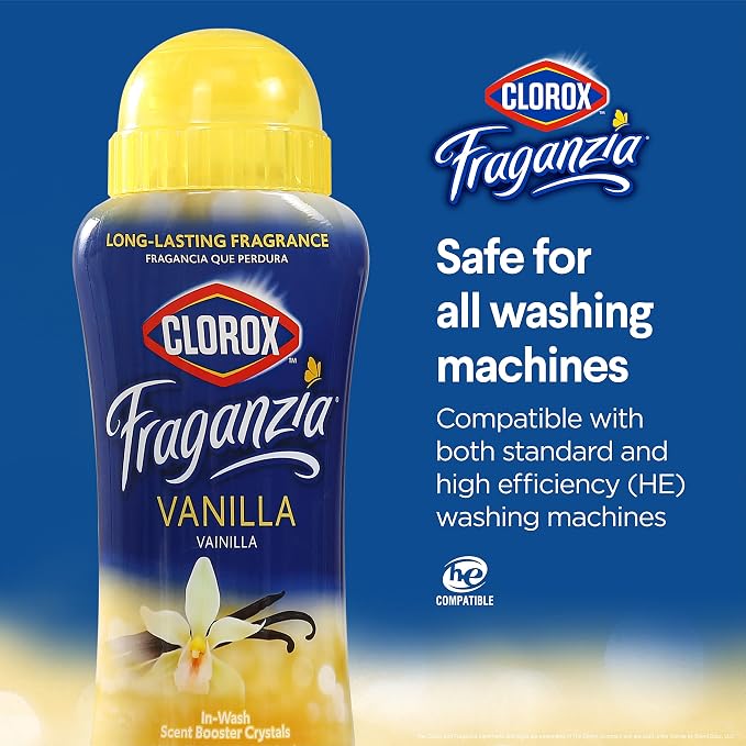 Clorox Fraganzia Laundry Scent Booster Crystals,In-Wash Fragrance Beads for Fresh-Smelling Clothes & Linens,Safe for All Fabrics & Colors,Easy-Pour Bottle,Vanilla Scent,18 Oz,(Pack of 4)