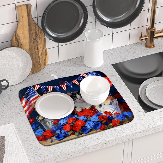 4th of July Dish Drying Mat Patriotic Cats Dish Drying Rack Mat for Kitchen Counter Small