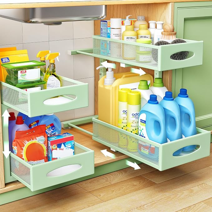 2 Pack Under Sink Organizer, 2 Tier Pull out Cabinet Organizer Mesh Baskets with 5 Adjustable Heights, Sliding Drawers Storage Shelf for Home, Kitchen, Bathroom, Pantry, Office, Countertop ,Green
