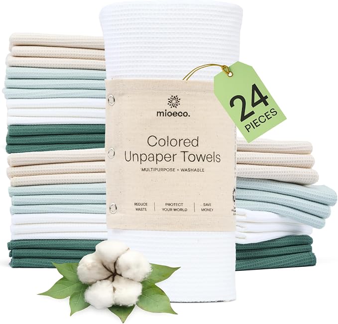 mioeco 24 Pack Multicolored Reusable Paper Towels - Nature Friendly - Organic Cotton Alternative - Thick, Strong, Paperless Kitchen Dish Cloths - Reusable Napkins - Dish Towels - Cloth Napkin