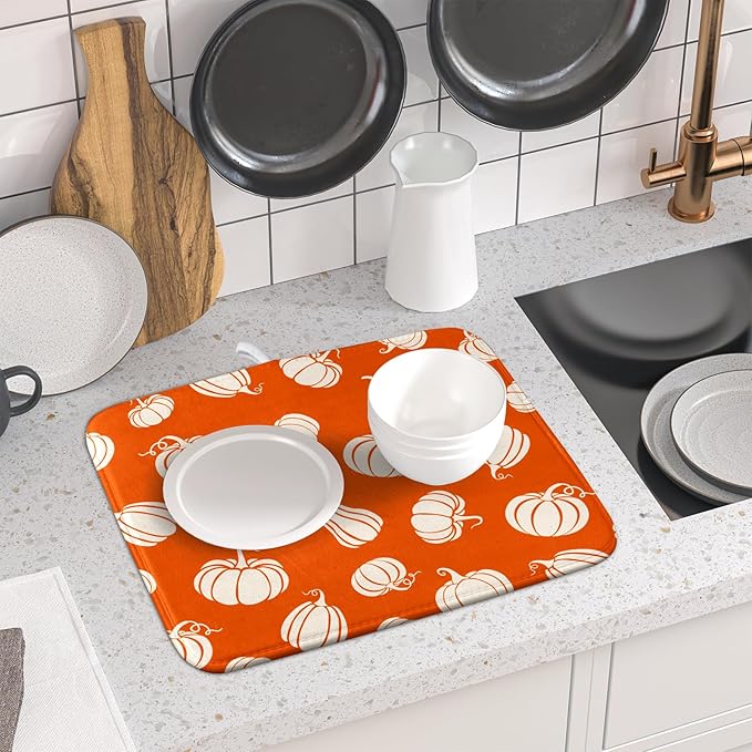 Fall Dish Drying Mat for Kitchen Counter Autumn White Pumpkins Festival Microfiber Absorbent Dish Draining Reusable Washable Foldable 16"x18"