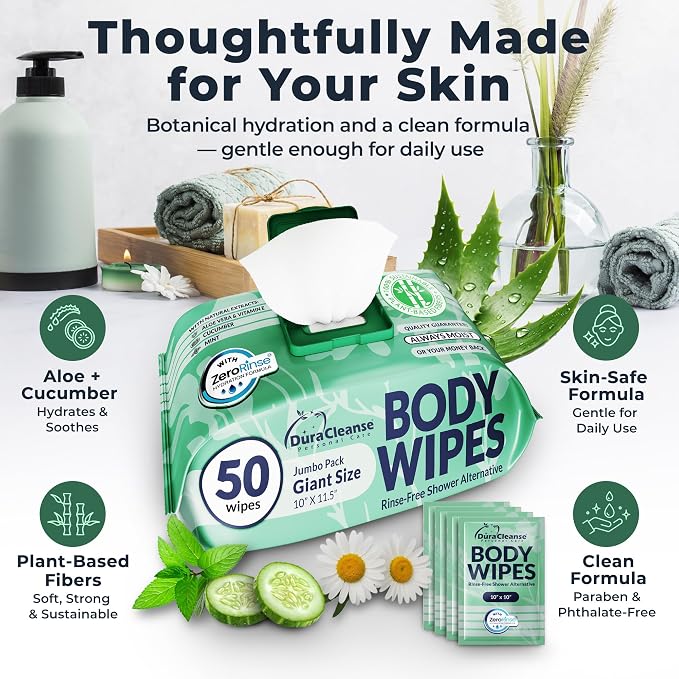 Body Wipes for Women, Extra Moist No Rinse Bathing Wipes - 50 XL Shower Cloths + 4 Travel Bath Sheets -10"x11.5" After Gym & Post Workout Deodorant, Disposable Washcloths, Womens Hygiene Essentials
