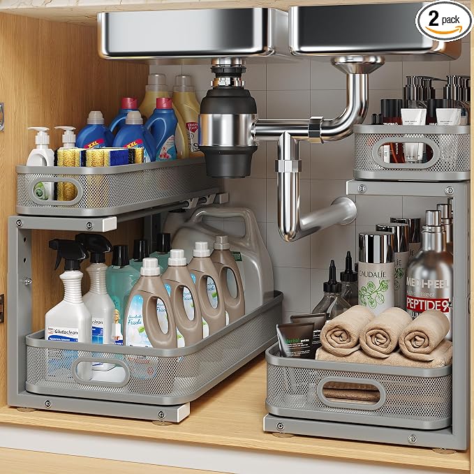 2 Pack 17.3IN-Depth Under Sink Organizer with Smooth Cylindrical Rail,2-Tier Pull Out Multi-Purpose Cabinet Storage for Bathroom&Kitchen,Height Adjustable,Rust-Resistant Coating-Gun Gray