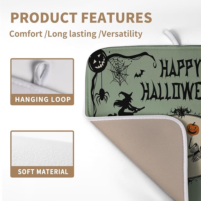 Happy Halloween Dish Drying Mat for Kitchen Counter 16x18 Skull Pumpkin Witch Spider Web Bat Ghost Drying Mats Green Black Absorbent Microfiber Dish Drainer Rack Pad for Coffee Bar