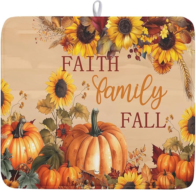 Faith FamilyFall Dish Drying Mat 16X18 Inch Thanksgiving Mats for Kitchen Counter Thanksgiving Autumn Harvest Pumpkin Dish Drying Mat Microfiber Dish Drying Pad Dish Rack Drainer Mat for Coffee Bar