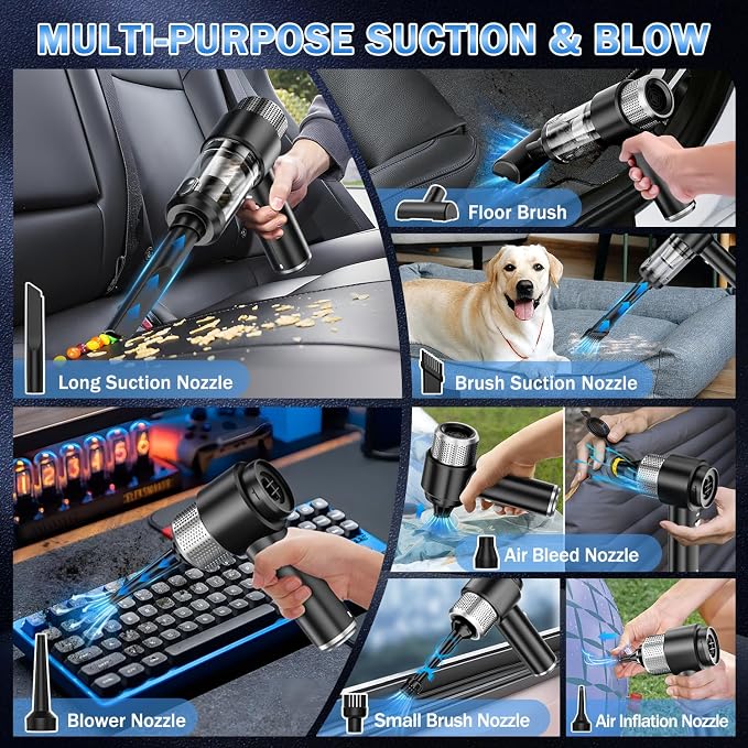 KMM Handheld Car Vacuum Cleaner, Hand Held Vacuum Cleaner & Air Duster | 16000PA Strong Suction, 120W High Power, Portable & Rechargeable, LED Light, Multi-Nozzles for Home, Car, Office, Pet