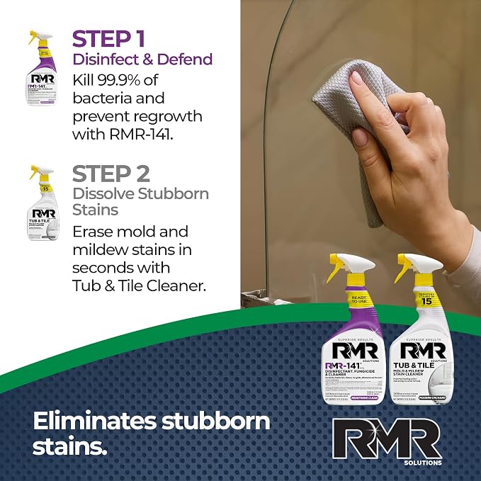 RMR Bathroom Brilliance Bundle – Tub & Tile Stain Spray + RMR-141 EPA Registered Mold & Mildew Remover, 2-Step Bathroom Cleaning & Disinfecting System for Showers, Sinks, Tile, Grout, 2–32 Oz Bottles