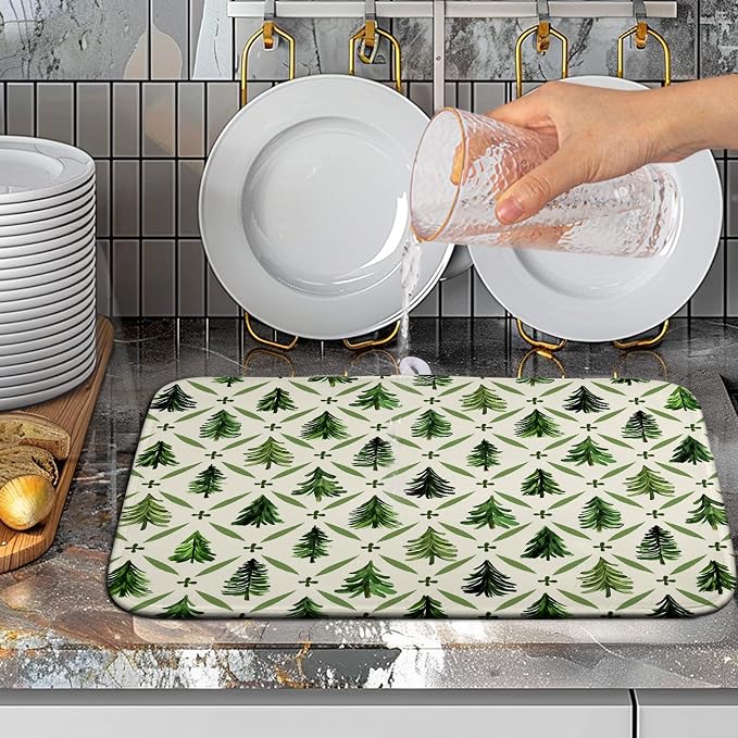 Christmas Dish Drying Mat for Kitchen Counter 16x18 Inch Sage Green Xmas Tree Drying Mats Winter Holiday Dish Drainer Pad Microfiber Absorbent Dish Draining Mat for Coffee Bar