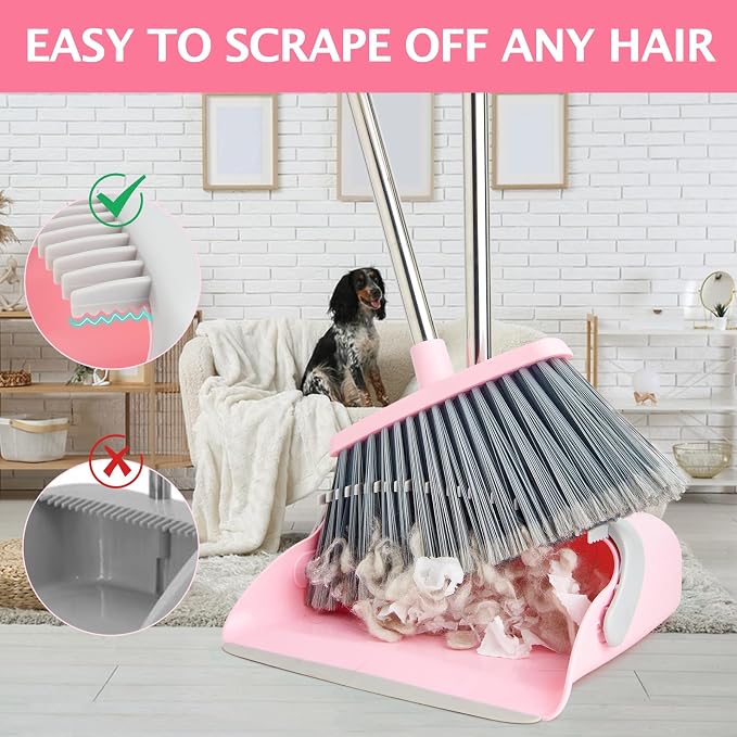 2-Pack Broom and Dustpan Combo Set,51" Long Handle,Grey Pink | Standing Dustpan, Heavy Dust,House Accessories for Home, Kitchen, Office, Pet Hair