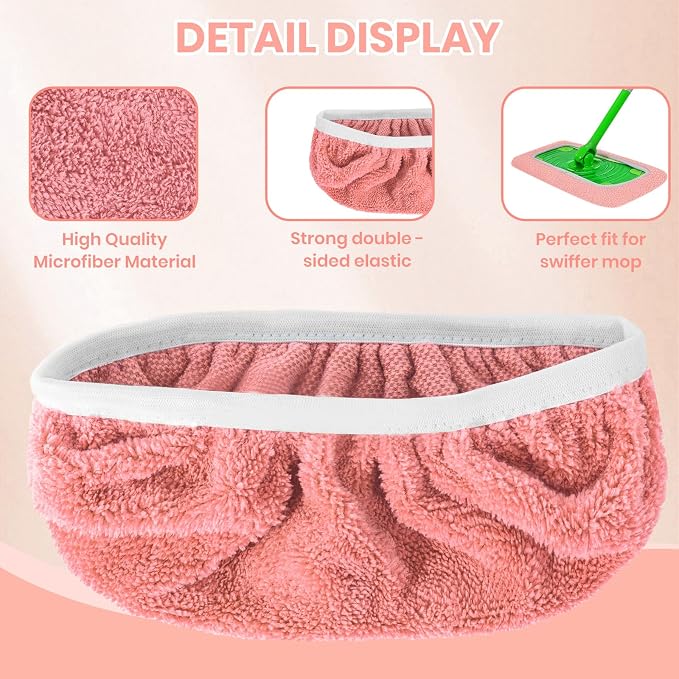 6 Pack Reusable Microfiber Mop Pads - Compatible with Sweeper, Reusable Mop Pads, Washable Dry Cloths & Wet Pads Refill for Hardwood Laminate Tile Floor Cleaning (6, Pink, M)