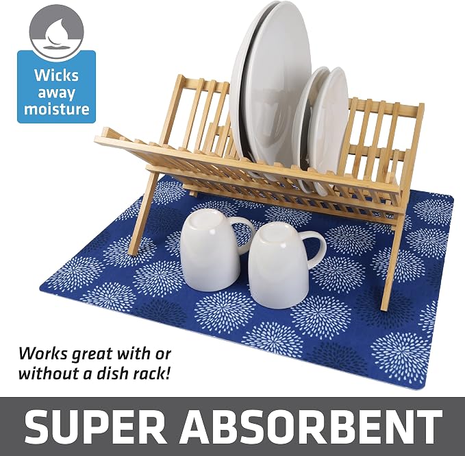 Drymate Jumbo XL Dish Drying Mat (19”x24”), Low-Profile, Super Absorbent, Quick Dry Fabric, Waterproof & Slip-Resistant, for Kitchen Counter, Trimmable, Easy to Clean (USA Made)(GoodBlue)