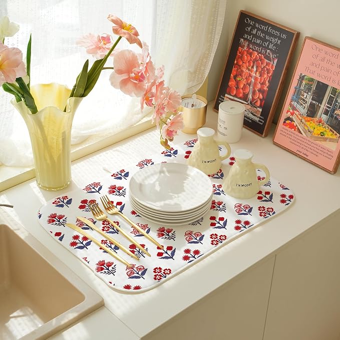 Red Blue Dish Drying Mat 18x24 Inch Vintage Boho Block Print Floral Drying Mat 4th of July Patriotic Flower Seasonal Absorbent Dish Drying Pad Dish Rack Drainer Mats for Kitchen Dining Counter
