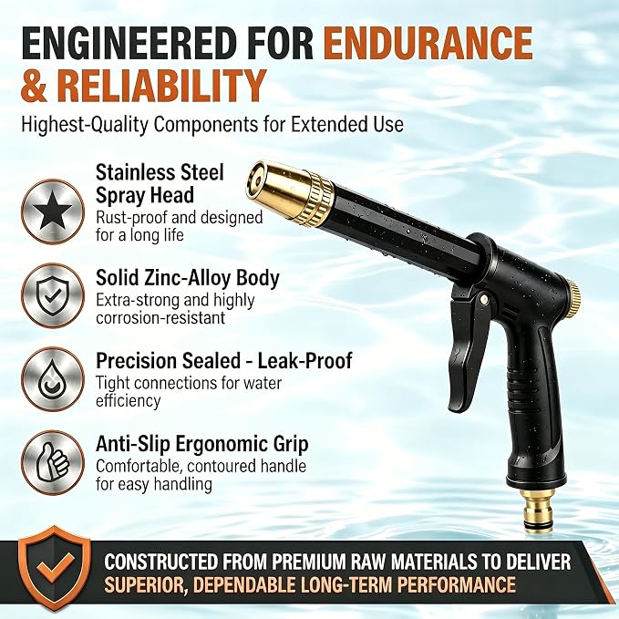High Pressure Hose Nozzle with 4 Spray Modes, Adjustable Water Spray Gun, Metal Garden Hose Sprayer for Car Wash, Plant Watering, Patio & Outdoor Cleaning (Sprayer Kit with 3 Connectors & Foam Cannon)