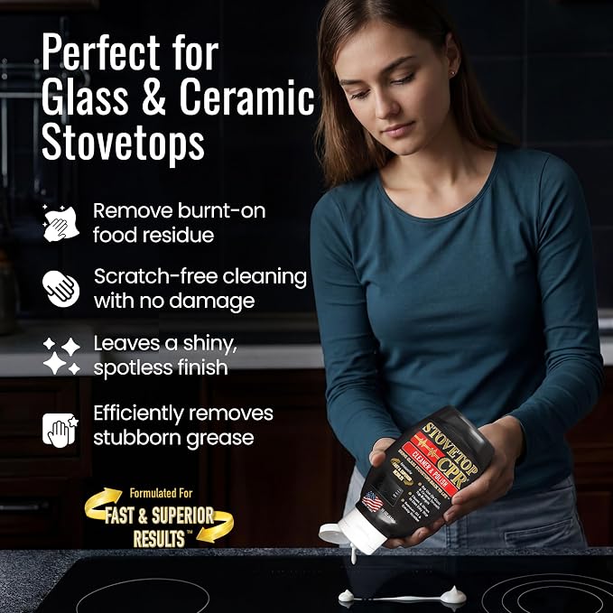Stovetop CPR 2-in-1 Glass Stovetop Cleaner and Glass Polish(18oz) + Scrapper Blade-Ceramic Top Stove Cleaner, Oven Top, Cooktop, Electric Stove Ceramic