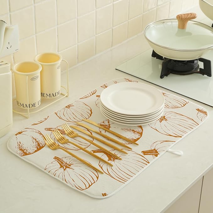 Fall Dish Drying Mat 18x24 Inches For Kitchen Counter,Orange Burnt Pumpkin Kitchen Decor Drying Mat Decorative Autumn Thanksgiving Drying Pad for Home Kitchen,Dining Room,Office Decoration
