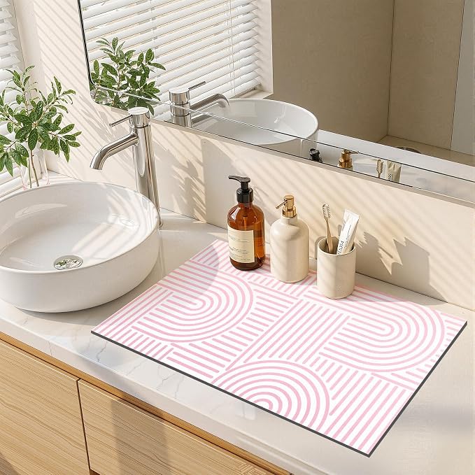 Findosom Dish Drying Mat, 12" x 20" Super Absorbent Dish Mat with Modern Geometric Striped, Hide Stain Drying Mat for Kitchen Counter, Under Dish Rack, Coffee Maker, Espresso Machine, Pink & White