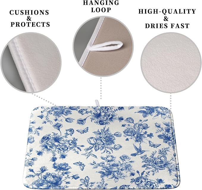 Dish Drying Mat for Kitchen Counter Blue and White Floral Drying Mats Chinoiserie Vintage Flowers Dish Drying Pad for Dishes Microfiber Absorbent Dish Drainer Rack Mat for Countertop 16x18 Inch