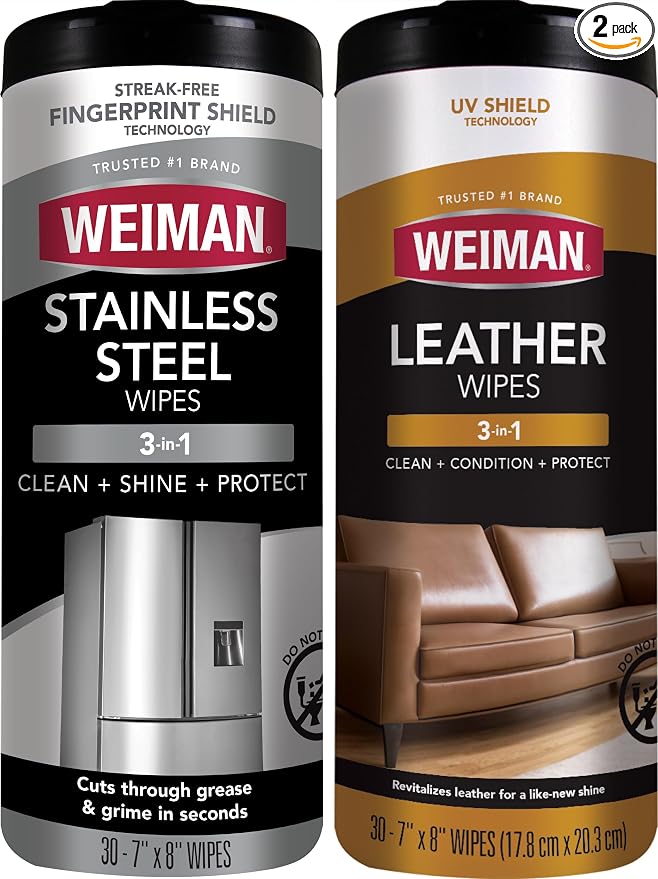 Weiman Stainless Steel Wipes and Leather Wipes - Clean and Polish Appliances for a Brighter and Longer Shine - Clean, Condition and Restore Leather Surfaces - Packaging May Vary