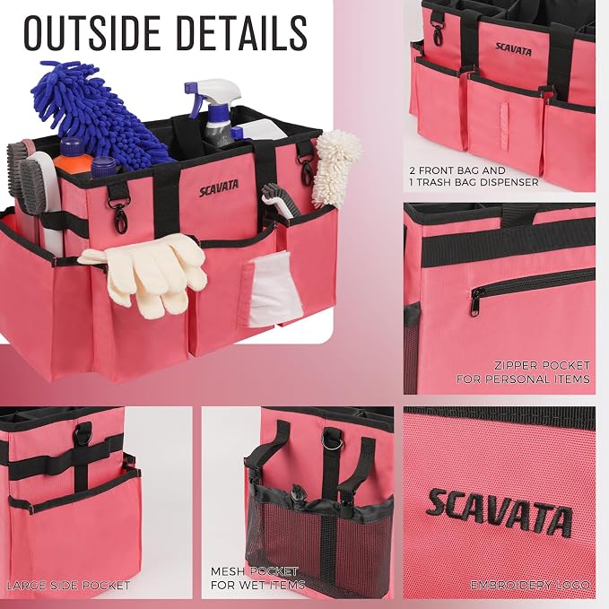 SCAVATA Wearable Cleaning Caddy Bag, Cleaning Caddy Supplies Organizer with Handle & Shoulder Straps for Housekeepers, Under Sink & Car Cleaning Tool Organizers with 4 Foldable Divider (RoseRed)