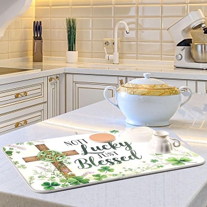 St.Patrick Days Dish Drying Mat for Kitchen Countertop 18x24 Green Shamrock Blessed Cross Large Drying Mat Reusable Quick Dry Dish Sink Mats Easy Clean Decorative Essentials