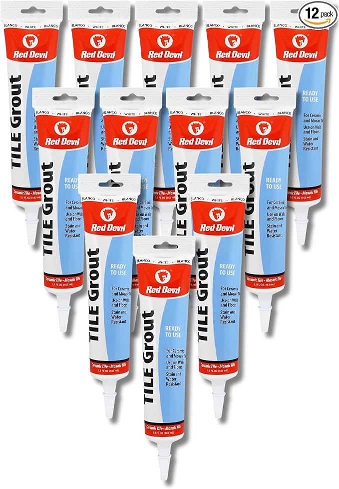 Red Devil 0425 Pre-Mixed Tile Grout - Professional Quality, Excellent Adhesion, Ideal for Wall & Floor Use - 5.5 oz, White, Pack of 12, Made in USA