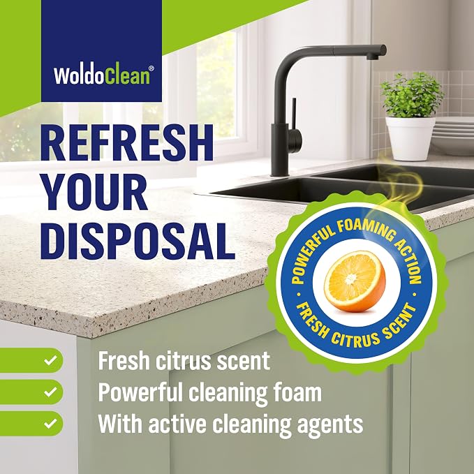 WoldoClean Garbage Disposal Cleaner Tablets 24 Pack - Citrus Deodorizer | Foaming sink drain freshener tabs, kitchen smell eliminator, odor remover