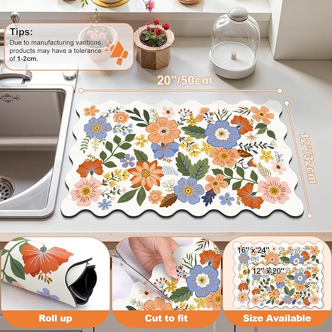 LOKHOM Scalloped Floral Dish Drying Mat, 12"x20" Super Absorbent Coffee Mat with Unique Spring Wildflowers, Cuttable Hide Stain Non-slip Drying Mat for Kitchen Counter Coffee Maker Espresso Machine