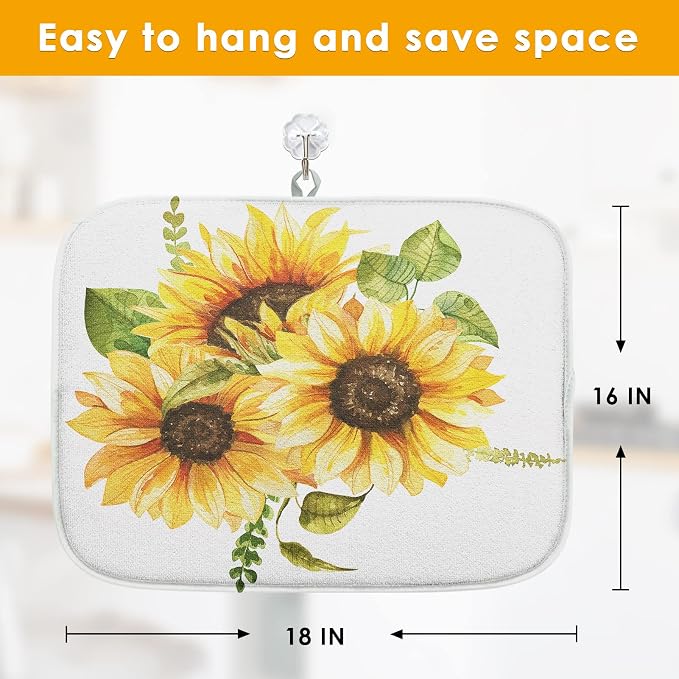 Sanwarm Absorbent Dish Drying Mat, Bouquet Daisy Flower Sun Sunflowers Microfiber Pad for Kitchen Counter, Coffee Bar Decor, Heat Resistant and Reversible, 16" x 18"